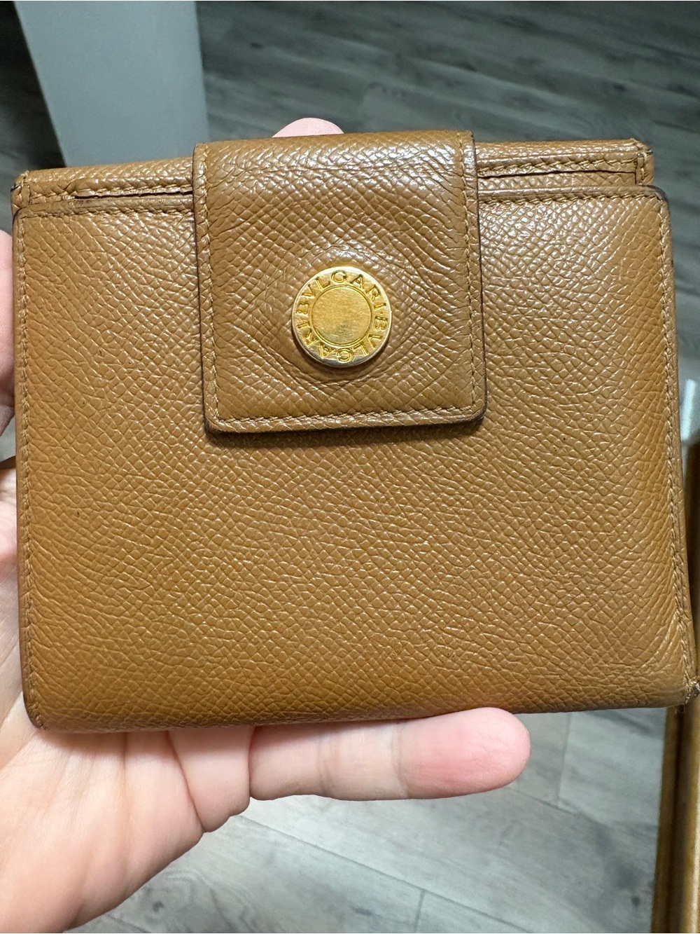 BVLGARI Tan Grained Leather Classico Compact Bifold Wallet Gold Logo Hardware